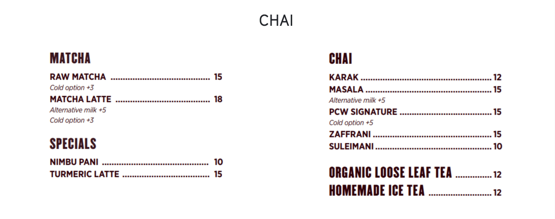 Chai Menu